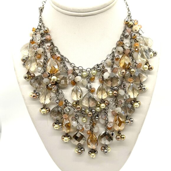 Ann Taylor Loft Bibbed Necklace Statement Glass, Faux Pearl & Beads Silver-tone - Picture 1 of 10
